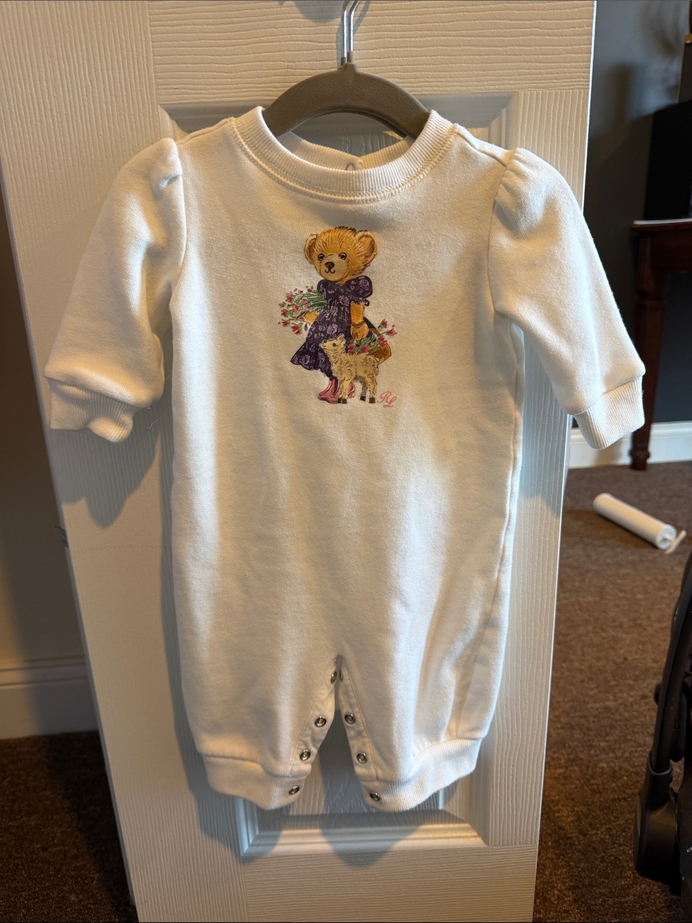 Ralph Lauren White Baby Footie with Embroidered Teddy